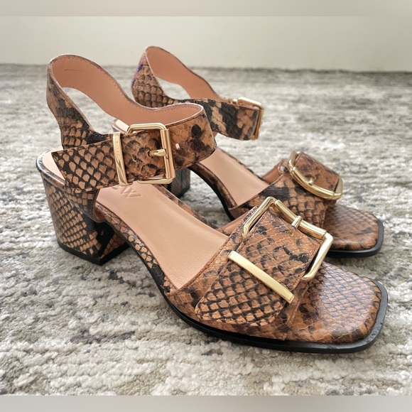 J.Crew Dylan Brown Leather Buckle Block Heel Sandals Size 6 Snake Skin Print - Picture 2 of 10